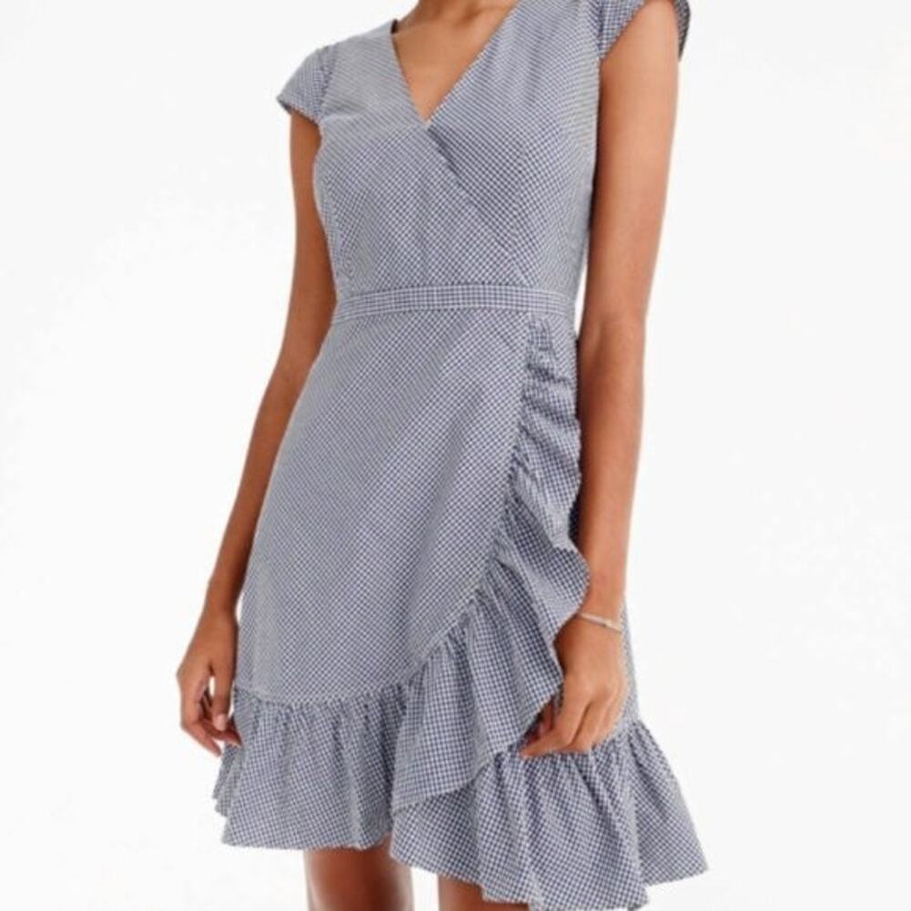 NWT J Crew Blue Gingham Faux Wrap Dress Womens 12 Preppy Short Cottagecore